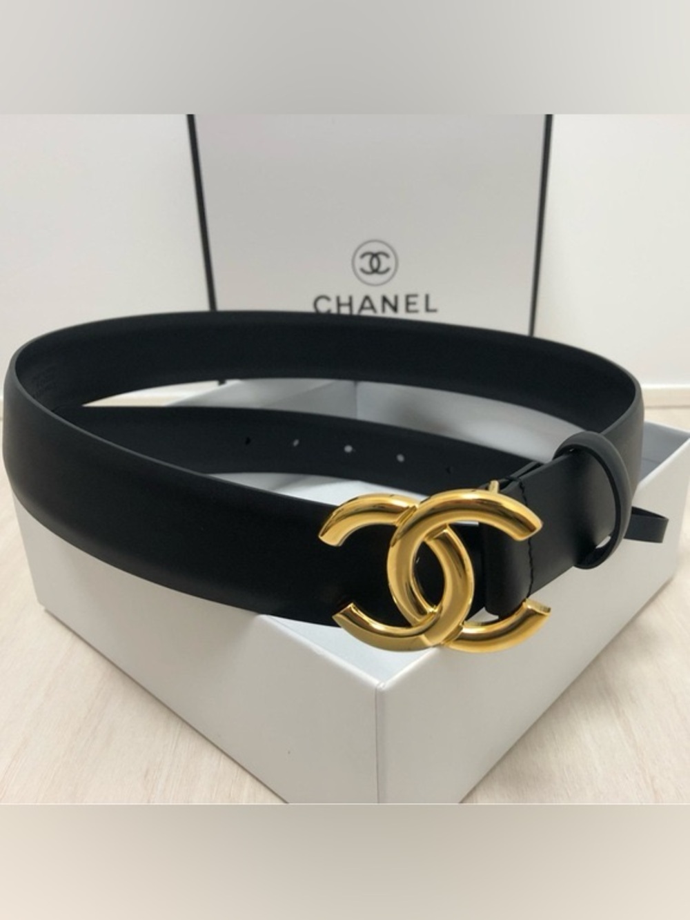 CHANEL Black Leather Belt with Gold CC Buckle